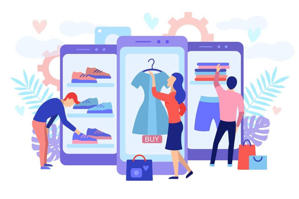 illustration de consommateurs qui achetent des produits sur internet