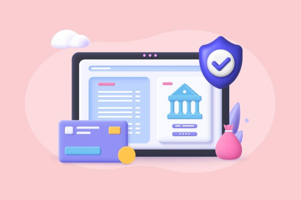 Illustration 3D d'une plateforme bancaire sécurisée avec un écran d'ordinateur affichant une interface bancaire, un symbole de banque, un bouclier de sécurité avec une coche verte, et une carte bancaire violette, sur fond rose pastel