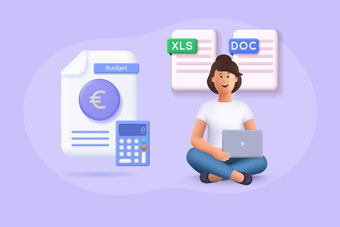 Illustration 3D : personne souriante avec ordinateur portable à côté de fichiers Excel (XLS) et Word (DOC), accompagnés d'un document budgétaire avec symbole euro et calculatrice sur fond violet