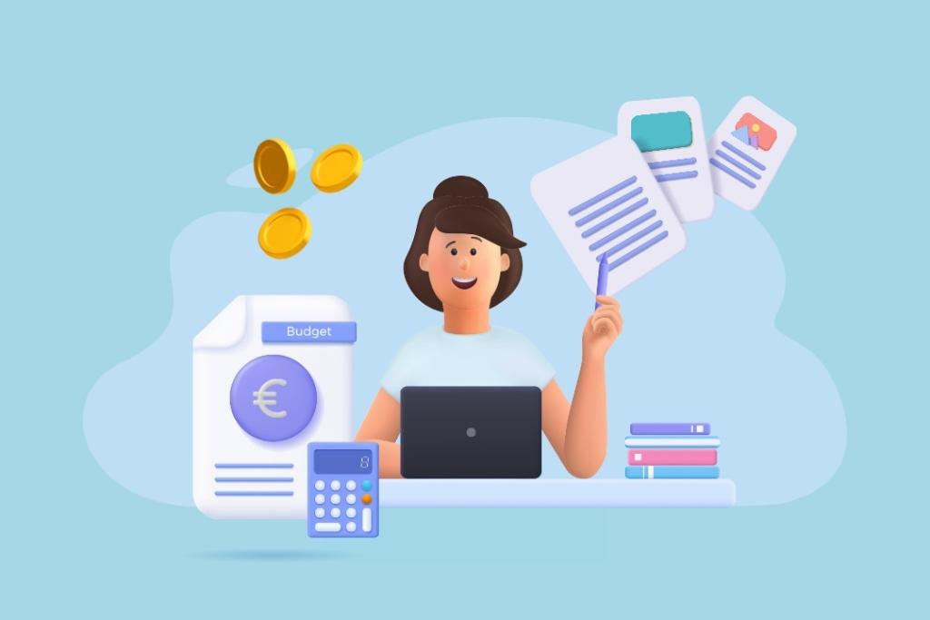 Illustration 3D : personne souriante devant un ordinateur portable manipulant des documents financiers, entourée de symboles comptables (pièces, calculatrice, document budgétaire, symbole euro)