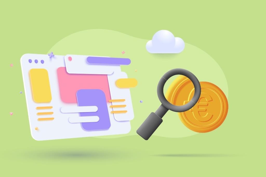Illustration d’une interface web stylisée, d’une loupe et d’une pièce de monnaie avec le symbole euro, représentant le suivi en temps réel des flux financiers