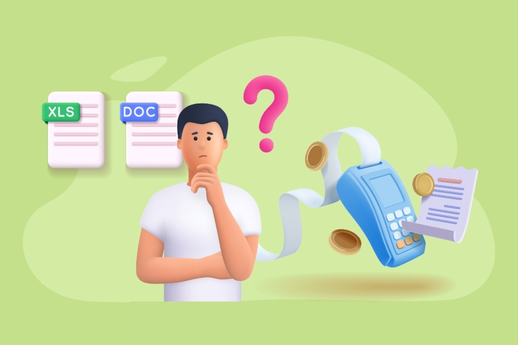 Illustration 3D : personne perplexe face au dilemme entre fichiers Excel (XLS) et Word (DOC) pour la facturation, avec un point d'interrogation et un terminal de paiement avec ticket et pièces sur fond vert