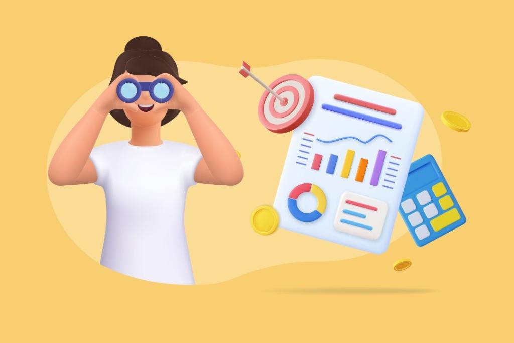 Illustration 3D : personne souriante avec jumelles observant des données financières (graphiques, diagrammes, cible) accompagnées d'une calculatrice et pièces de monnaie sur fond jaune