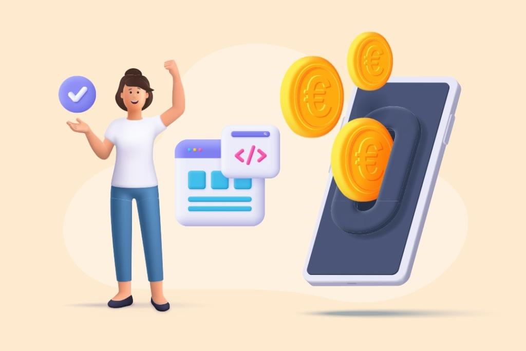 Illustration d'une femme souriante levant le poing, à côté d'une interface web stylisée et d'un smartphone d'où sortent des pièces en euros, symbolisant la gestion et le suivi en temps réel des flux financiers