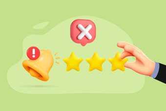 Illustration 3D sur fond vert clair montrant une main plaçant une troisième étoile dans une notation, avec un symbole d'erreur X rouge, une cloche de notification avec point d'exclamation, symbolisant les erreurs qui nuisent à la satisfaction client