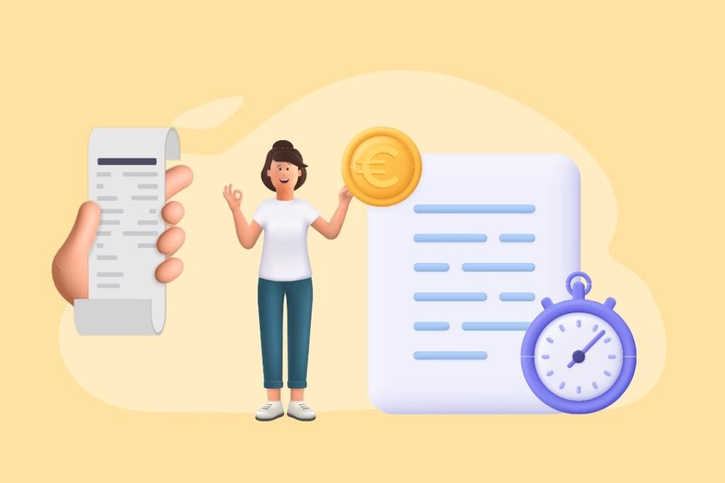 Illustration d'une femme tenant une pièce d’euro, à côté d'un document, d’un chronomètre et d'une main tenant un reçu, symbolisant l’efficacité des relances de paiement