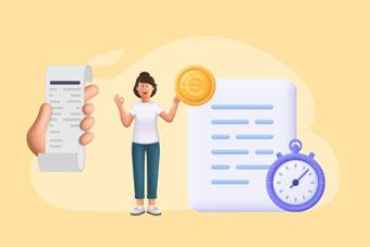 Illustration d'une femme tenant une pièce d’euro, à côté d'un document, d’un chronomètre et d'une main tenant un reçu, symbolisant l’efficacité des relances de paiement