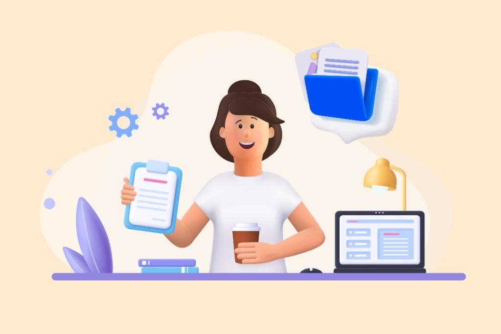 Une femme souriante tenant un clipboard et une tasse de café, avec un ordinateur portable et des dossiers en arrière-plan, symbolisant la gouvernance de l'information.