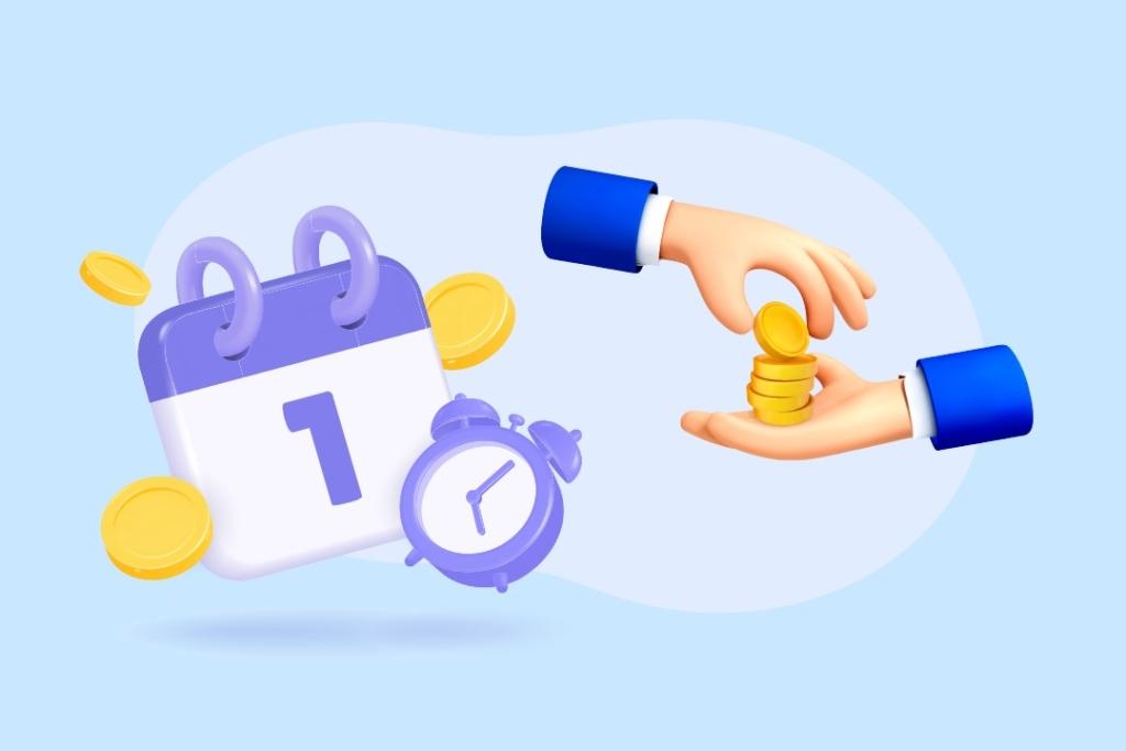 Illustration d’un calendrier avec une pièce de monnaie, un réveil et deux mains échangeant des pièces, symbolisant l’importance de la ponctualité et de l’efficacité dans les paiements
