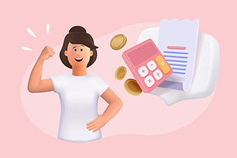Illustration d’une personne souriante levant le poing à côté d’une calculatrice rose, de pièces de monnaie et d’une facture, symbolisant le financement de factures