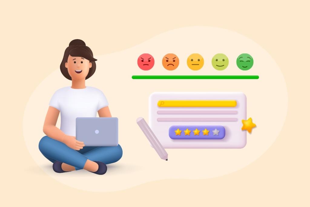 Illustration d'une femme assise avec un ordinateur portable, montrant des émojis de satisfaction et un tableau d'évaluation avec étoiles, symbolisant l'importance d'évaluer la satisfaction client.