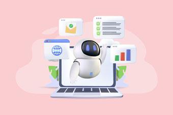 Robot 3D émergeant d’un ordinateur portable, entouré d’icônes représentant un globe, un email, une liste de tâches et un graphique, sur fond rose