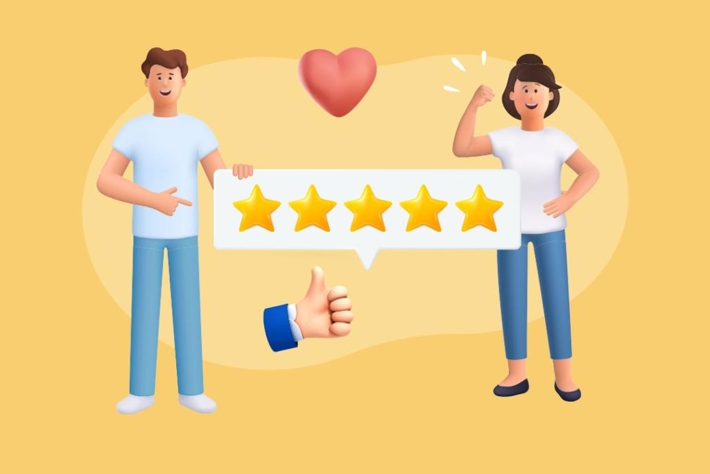 Un homme et une femme souriant, tenant une pancarte avec cinq étoiles, symbolisant la satisfaction client.