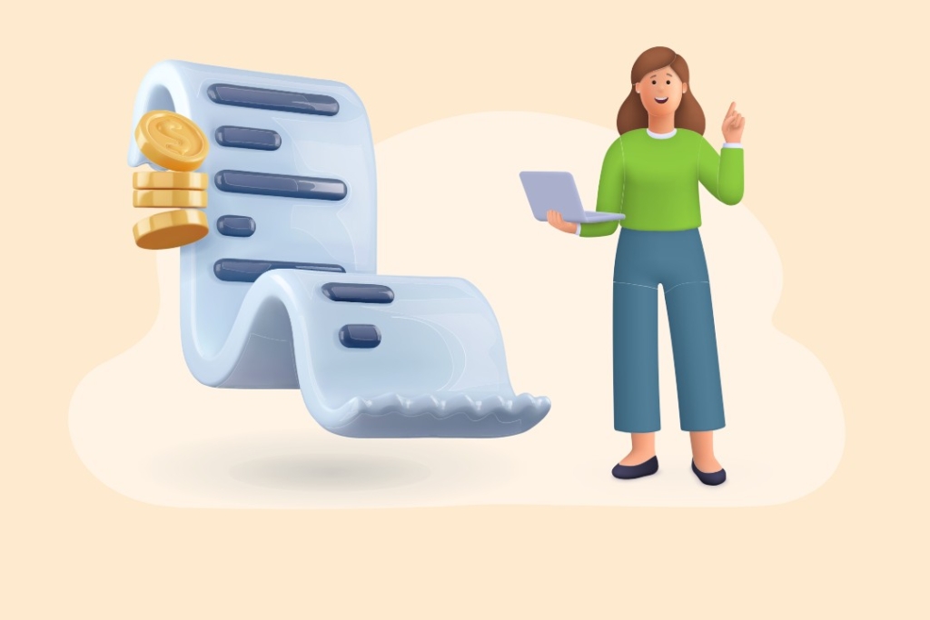 Illustration d’une femme souriante tenant un ordinateur portable et levant un doigt, à côté d’une facture déroulée et de pièces de monnaie, symbolisant le processus de financement de facture