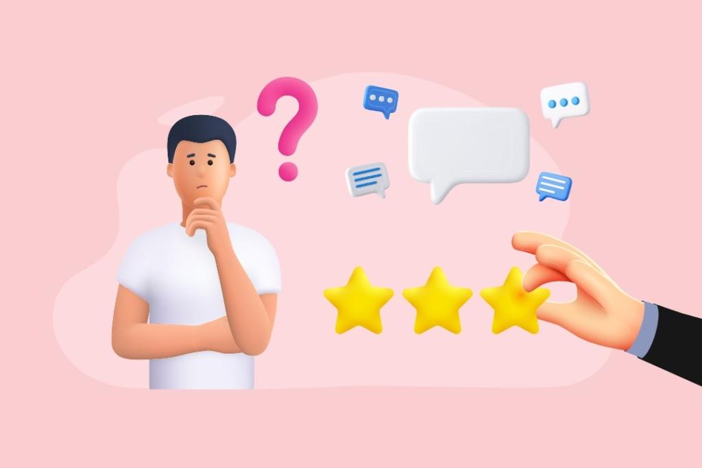 Illustration d'un homme pensif avec des bulles de dialogue, un point d'interrogation et une main ajustant des étoiles, symbolisant l'évaluation et la réflexion sur la satisfaction client.