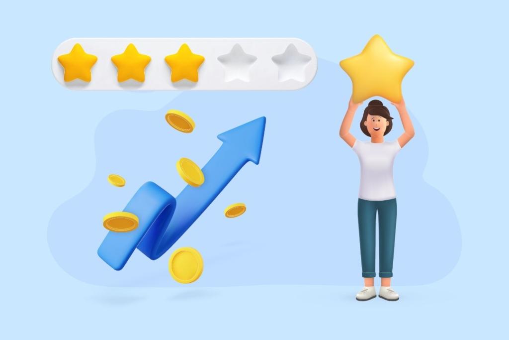 Illustration d’une femme tenant une étoile dorée, à côté d’un graphique en flèche ascendante et d’un système de notation trois étoiles sur cinq avec des pièces de monnaie, sur fond bleu clair