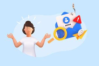 Illustration 3D : personne sereine en méditation face à des menaces de cybersécurité (email avec hameçon, symbole d'alerte, mot de passe)
