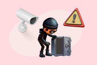 Illustration d’un cambrioleur masqué ouvrant un coffre-fort, surveillé par une caméra de sécurité et accompagné d’un pictogramme d’avertissement