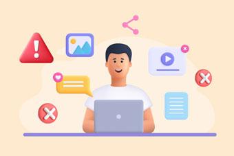 Illustration 3D sur fond beige montrant une personne souriante travaillant sur un ordinateur portable, entourée de divers éléments de communication numérique : symboles d'erreur, icônes de partage, bulles de message, lecteur vidéo et signes d'avertissement, illustrant les pièges potentiels de la communication en ligne