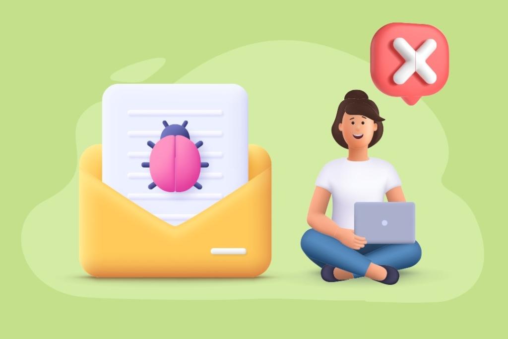 Illustration 3D : personne souriante avec ordinateur portable rejetant un email contenant un virus (représenté par un insecte rose dans une enveloppe jaune)