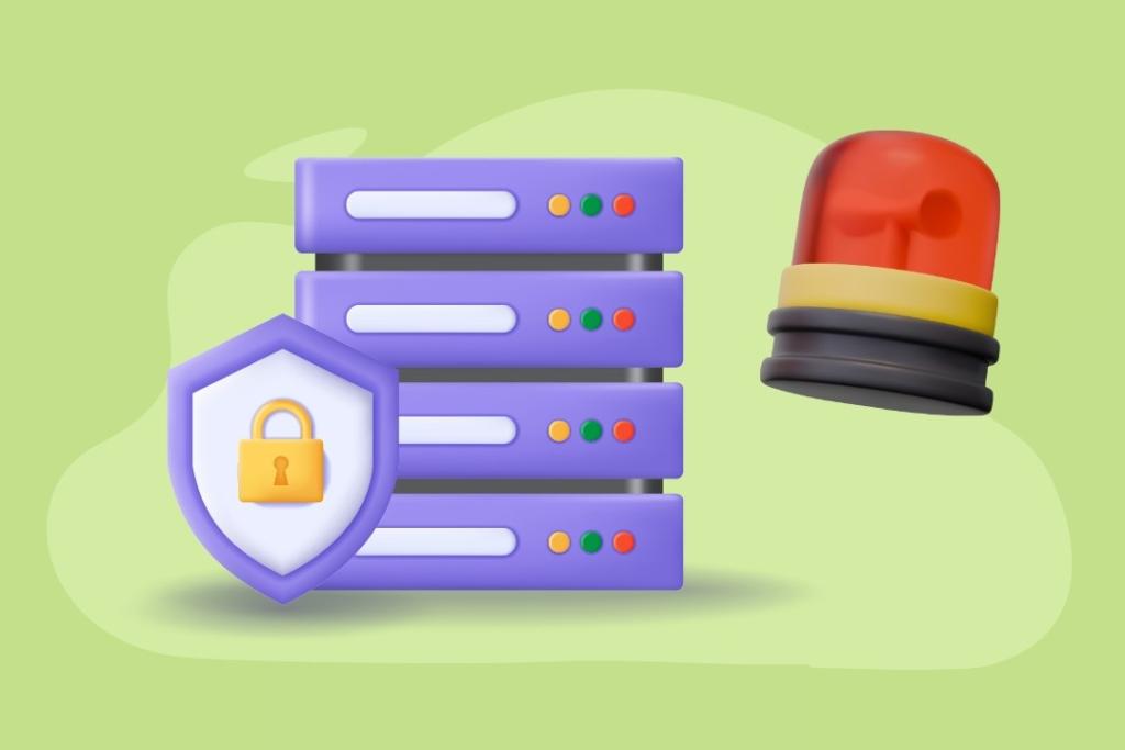 Illustration de plusieurs serveurs empilés, protégés par un bouclier avec un cadenas, surmontés d’une alarme rouge symbolisant la sécurité des données