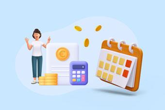 Illustration 3D sur fond bleu clair montrant une personne souriante faisant un geste explicatif, entourée d'éléments de comptabilité : un document avec symbole euro, une calculatrice, des pièces de monnaie et un calendrier, représentant la planification budgétaire par la pré-comptabilité