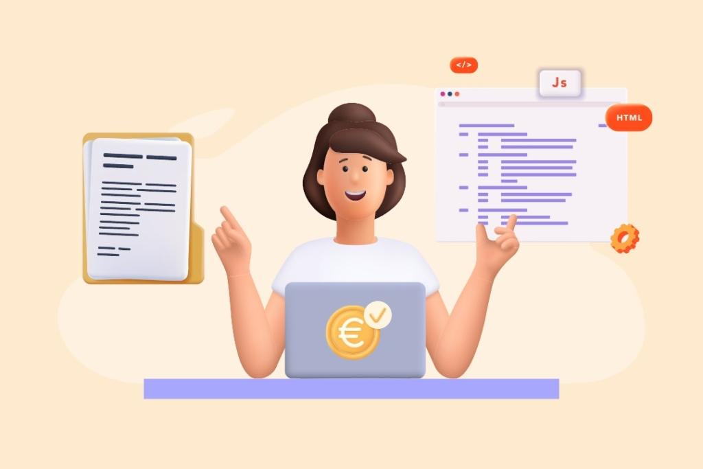 Illustration 3D sur fond beige clair montrant une personne souriante devant un ordinateur portable avec un symbole euro, présentant des documents numériques et des interfaces de programmation, symbolisant l'accompagnement à la transformation numérique des entreprises