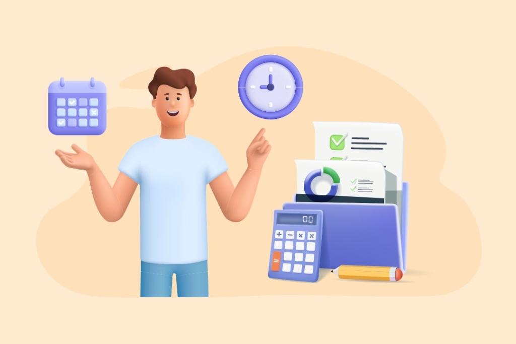 Illustration 3D sur fond beige montrant un homme souriant expliquant des concepts de gestion financière, entouré d'éléments de planification : une horloge, un calendrier, un dossier avec graphiques, une calculatrice et un crayon, symbolisant l'organisation de la pré-comptabilité