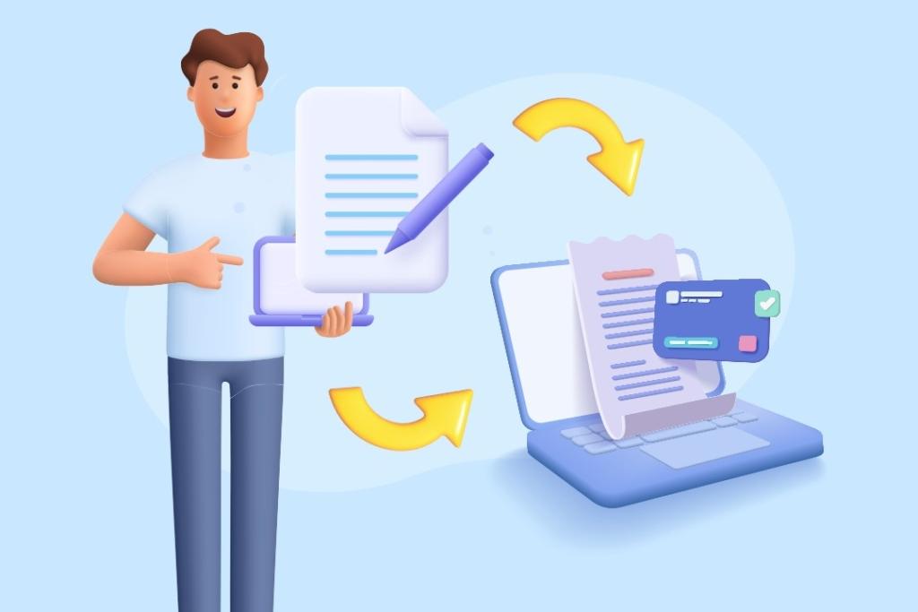 Un homme souriant avec un ordinateur et des icônes de documents, illustrant la conversion facile d’un devis en facture, souvent utilisée pour des solutions numériques de gestion commerciale