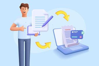 Un homme souriant avec un ordinateur et des icônes de documents, illustrant la conversion facile d’un devis en facture, souvent utilisée pour des solutions numériques de gestion commerciale