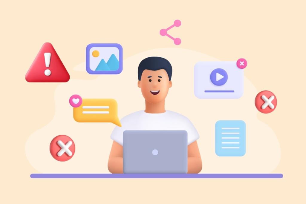 Illustration 3D sur fond beige montrant une personne souriante travaillant sur un ordinateur portable, entourée de divers éléments de communication numérique : symboles d'erreur, icônes de partage, bulles de message, lecteur vidéo et signes d'avertissement, illustrant les pièges potentiels de la communication en ligne