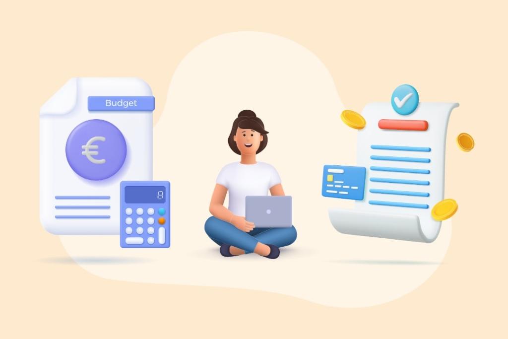 Illustration d’une personne assise avec un ordinateur portable, entourée d’un document budgétaire avec une calculatrice et d’une facture validée avec carte bancaire et pièces, symbolisant la gestion simple de devis et factures en ligne.