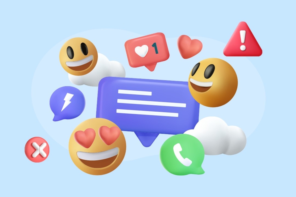 Illustration 3D sur fond bleu clair montrant divers éléments de communication en ligne : une bulle de message violette, des emojis souriants, un symbole de notification, des icônes de cœur, un symbole d'avertissement et des symboles d'annulation, représentant les défis de la communication digitale
