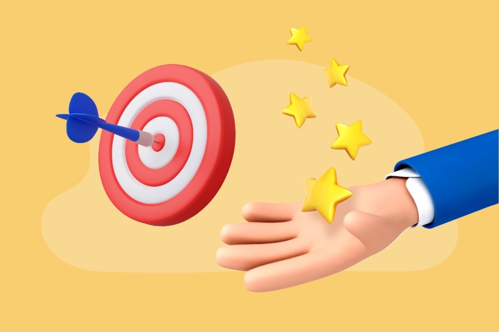 Illustration 3D sur fond jaune montrant une main en costume tenant une étoile dorée, avec une cible atteinte par une flèche bleue et plusieurs étoiles flottantes, symbolisant l'atteinte des objectifs dans une démarche de satisfaction client