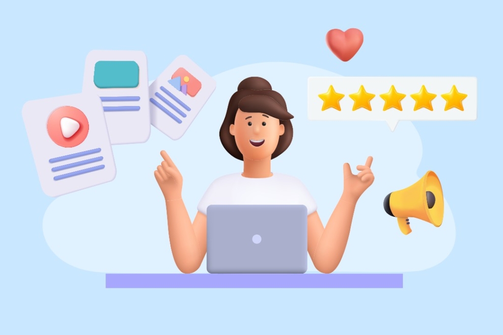 Écran avec cible touchée, avatars clients et mégaphone; des étoiles de notation tombent dans une main — cohérence de marque et e‑réputation