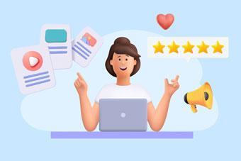 Écran avec cible touchée, avatars clients et mégaphone; des étoiles de notation tombent dans une main — cohérence de marque et e‑réputation - small