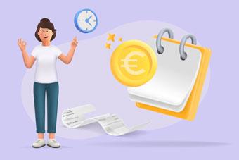 Illustration 3D sur fond violet représentant le concept de paiement en plusieurs fois avec un calendrier, une pièce d'euro, une horloge et un reçu. Une figure illustrée fait un geste positif, symbolisant les avantages de cette solution de paiement flexible pour les clients
