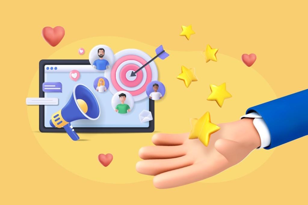 Illustration marketing : cible touchée sur écran, mégaphone et avatars clients ; une main reçoit des étoiles — cohérence de marque et e‑réputation