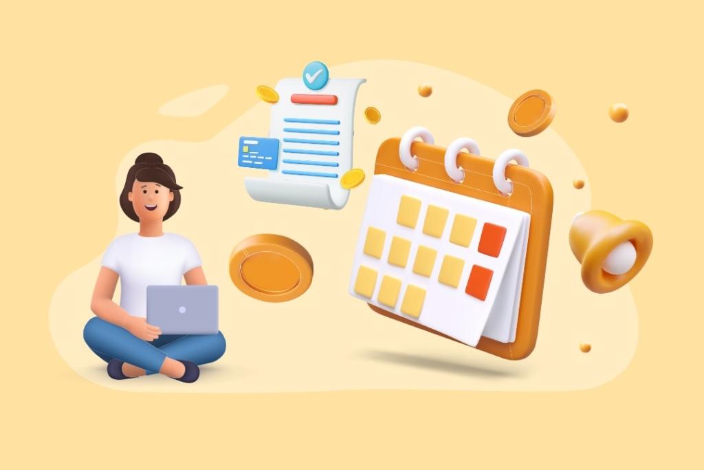 Illustration 3D sur fond jaune représentant le concept de paiement en plusieurs fois : un personnage assis avec un ordinateur portable, entouré d'éléments symboliques comme un calendrier avec des échéances marquées, un document de facturation, une carte bancaire et des pièces de monnaie flottantes, illustrant la gestion des paiements échelonnés